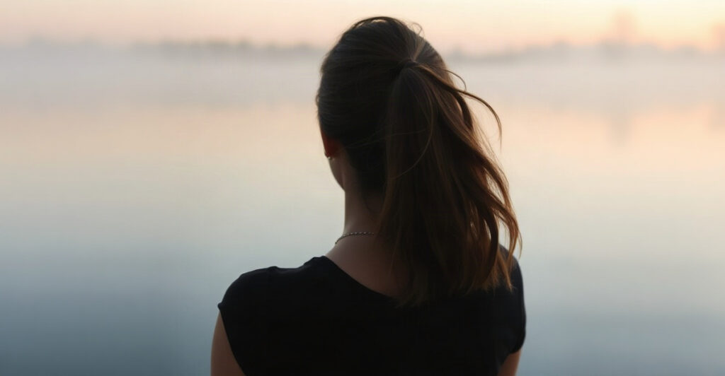 Woman standing at a misty lake at dawn facing her reflection, a calm image of how to do shadow work