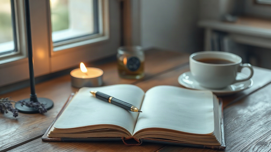 Shadow Work Journaling Open shadow work journal with a pen and lit candle on a wooden desk in soft morning light