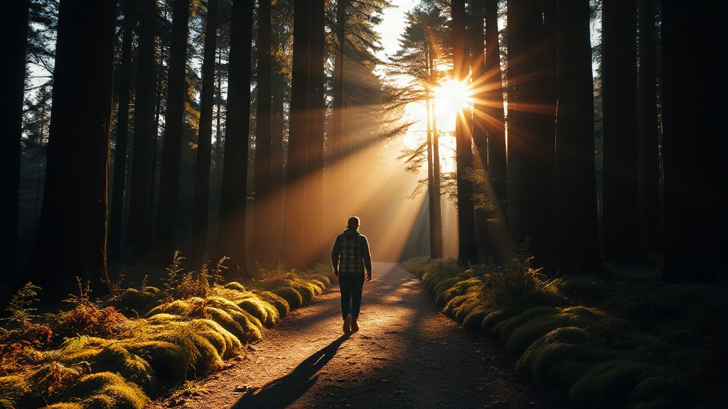 Shadow Work Healing Lone figure walking a forest path from shadow into sunlight, a symbol of shadow work healing