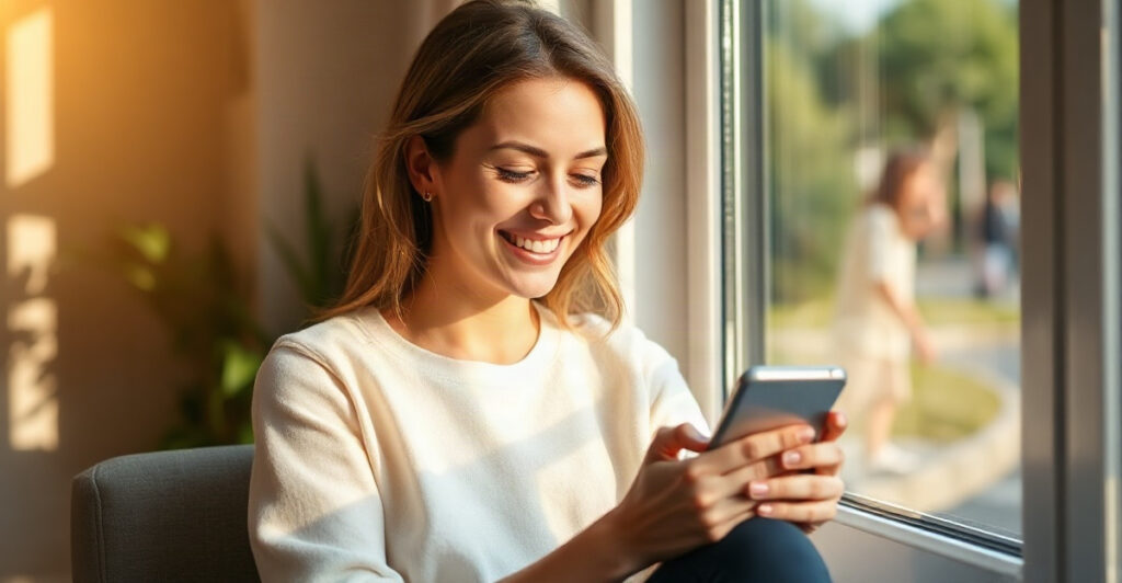 A woman smiling with joy reading her phone by a bright window, how to manifest a text from someone