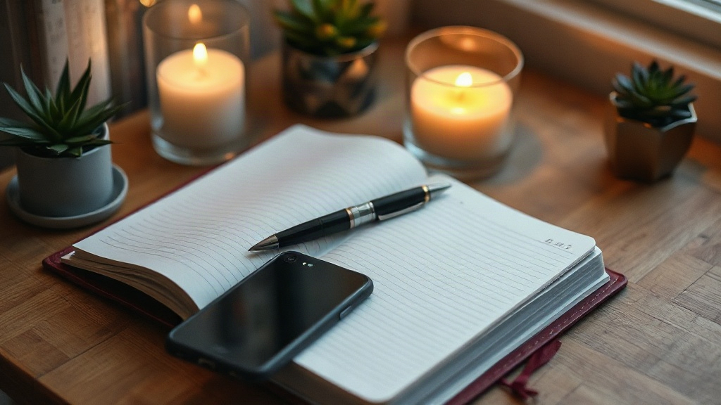 A journal and a face-down phone on a cozy desk, the 369 writing method for manifesting a text