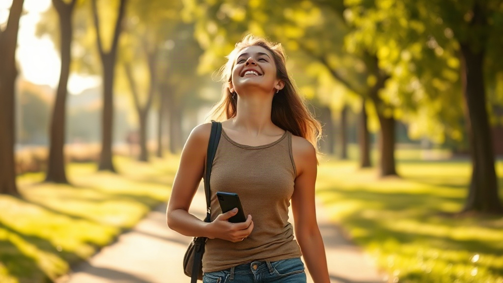 A carefree woman walking through a sunny park with her phone in her bag, letting go while manifesting