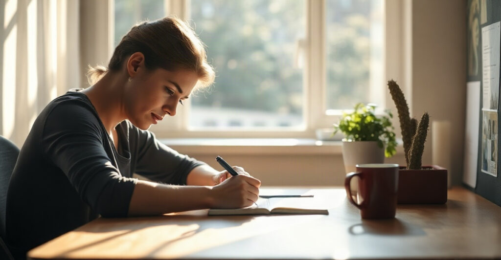 A person writing at a sunlit desk, beginning a step-by-step process to manifest a goal