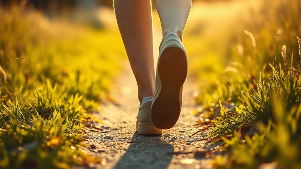 Feet stepping forward on a sunlit path, representing the aligned action step in how to manifest