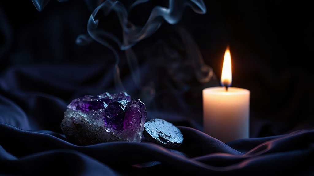 Third Eye Crystals Amethyst and lapis lazuli crystals beside a candle and incense, the traditional third eye opening crystals