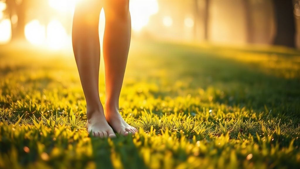 Grounding After Third Eye Practice Bare feet on dewy grass at sunrise, a grounding practice that balances third eye opening work