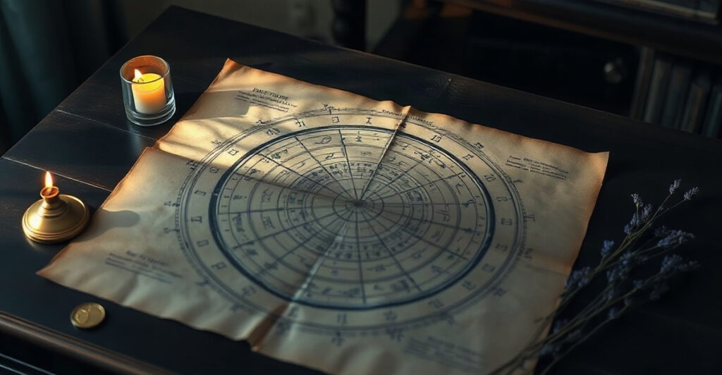 A circular natal birth chart wheel on parchment with brass zodiac medallions by candlelight, illustrating how to read your birth chart