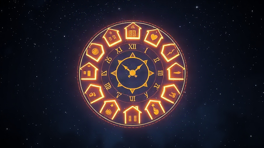 A glowing wheel of twelve golden segments floating in a starry sky, the twelve houses of a birth chart explained