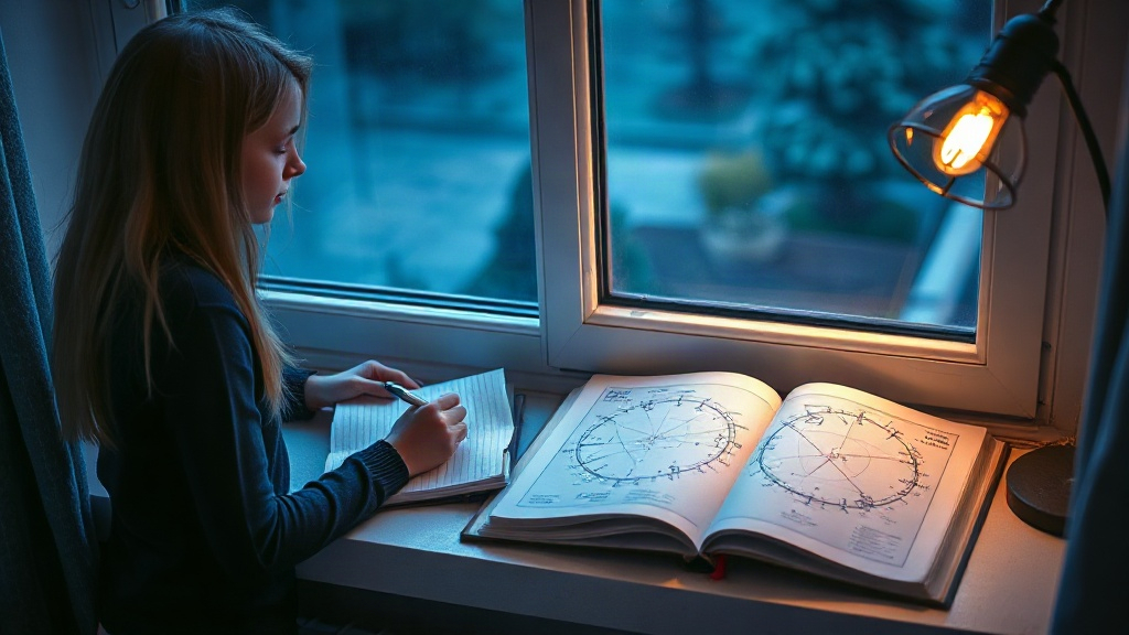 A woman journaling beside star charts at dusk, writing down her birth chart reading