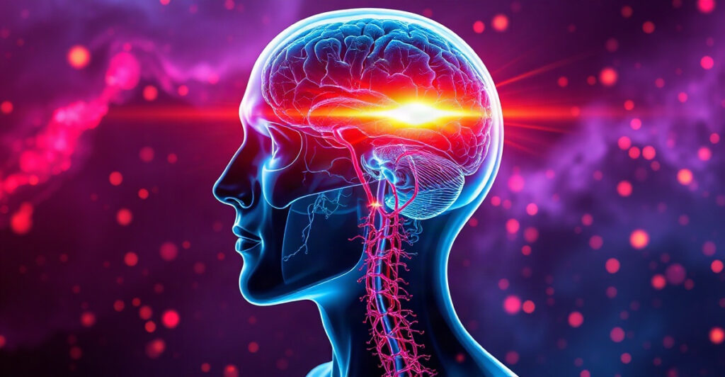 Semi-transparent 3D render of a human brain and eyes glowing to show how to stop doomscrolling by calming an overactive attention alarm