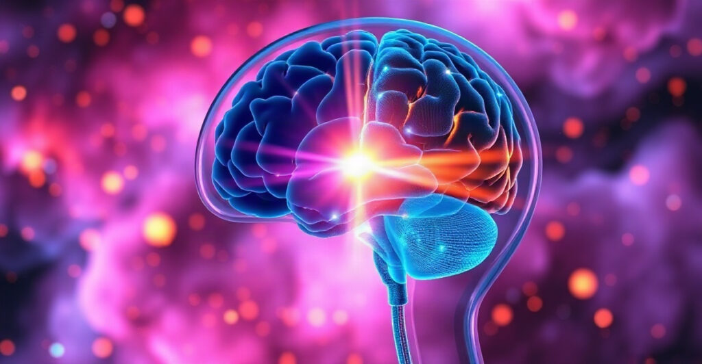Brain with a blue half and a gold half exchanging light, showing a two-way inner dialogue that helps you manifest your goals