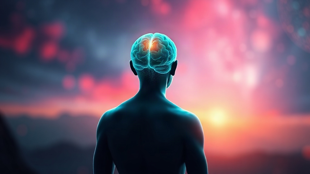 Figure standing tall at dawn with a bright brain, showing how to build a winning inner dialogue and manifest with confidence