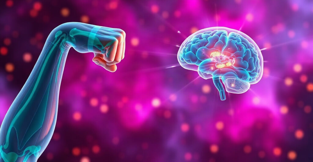 Glowing flexed arm muscle beside a glowing brain, asking is willpower a muscle and how to keep it strong to manifest your goals
