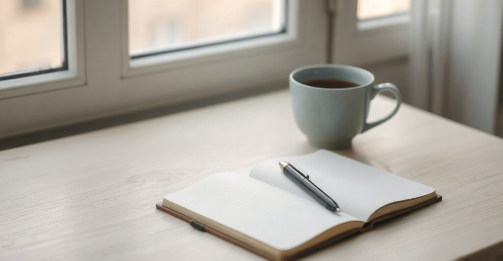 Open manifestation journal and pen on a sunlit wooden desk beside a cup of tea