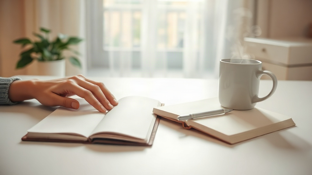 Hands beside an open manifestation journal and a warm mug at a sunlit window in the early morning