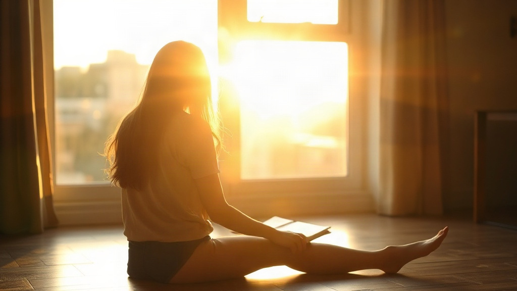 Woman seen from behind writing in a manifestation journal by a large window at golden hour