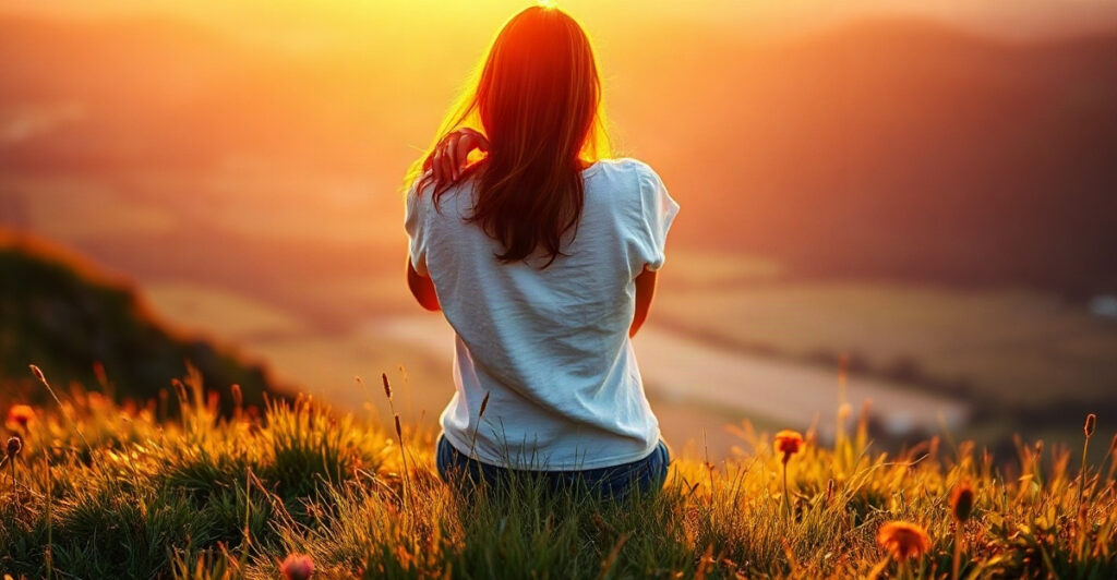 Woman on a hillside at sunset with a hand over her heart, quietly saying love affirmations