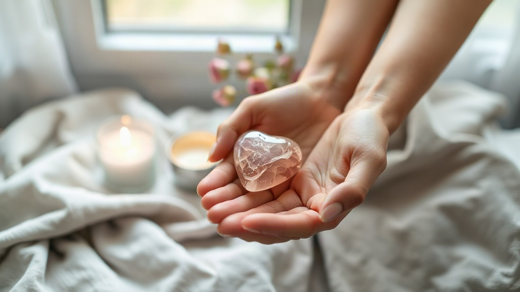 Hands holding a rose quartz heart beside a candle during a self-love affirmation practice