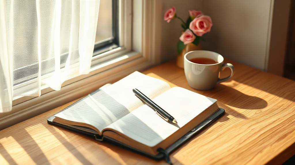 Open journal and cup of tea on a sunny windowsill, ready for writing affirmations for love