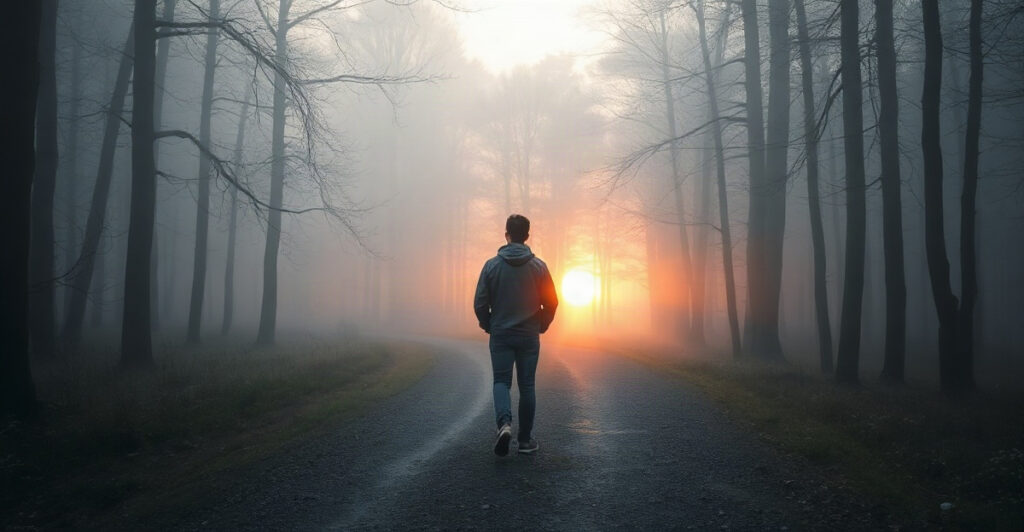 Lone figure walking from a misty gray forest toward warm sunrise light, symbolizing the shift out of a low vibration in law of attraction teaching