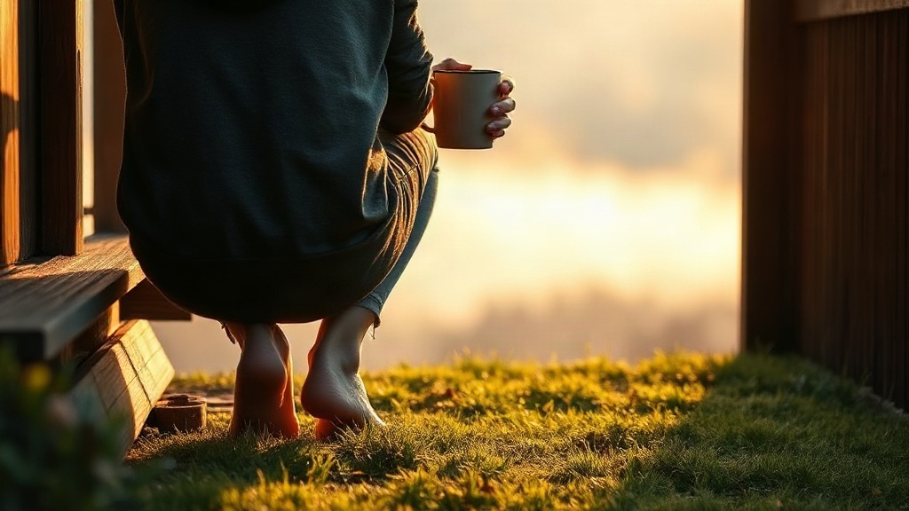 Person on a porch step at dawn holding a warm mug with bare feet in dewy grass, a calm morning meditation for manifesting a higher vibration
