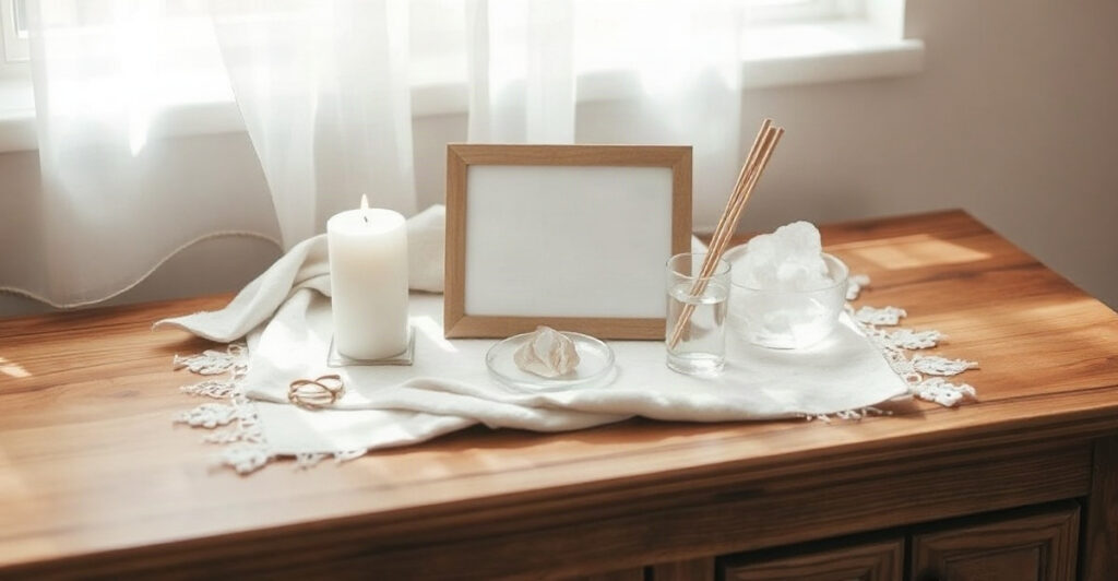 A simple beginner manifestation altar with a candle, crystal, incense and water dish on a dresser