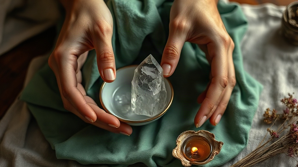 Hands arranging crystals and a candle while setting up a manifestation altar for the first time
