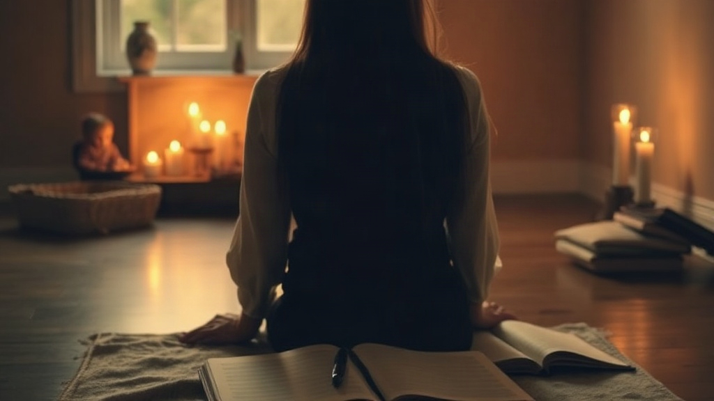 A person sitting in daily practice in front of a lit manifestation altar with a journal nearby