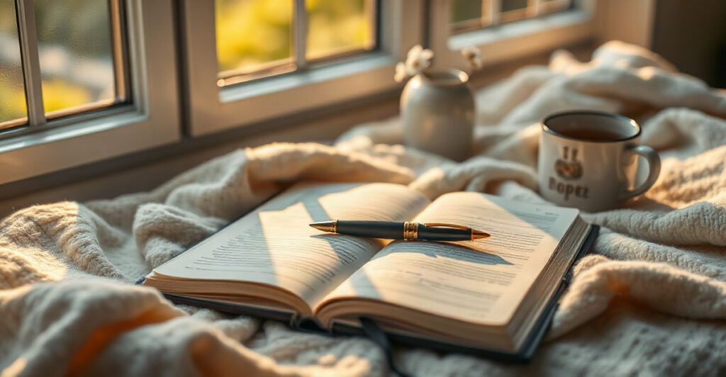 An open journal with a fountain pen in golden morning light beside tea and white flowers, manifestation journal prompts