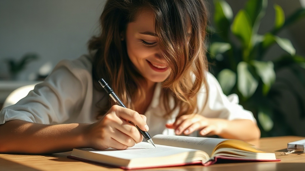 Hands writing freely in a journal at a sunlit desk, deep in the flow of scripting practice
