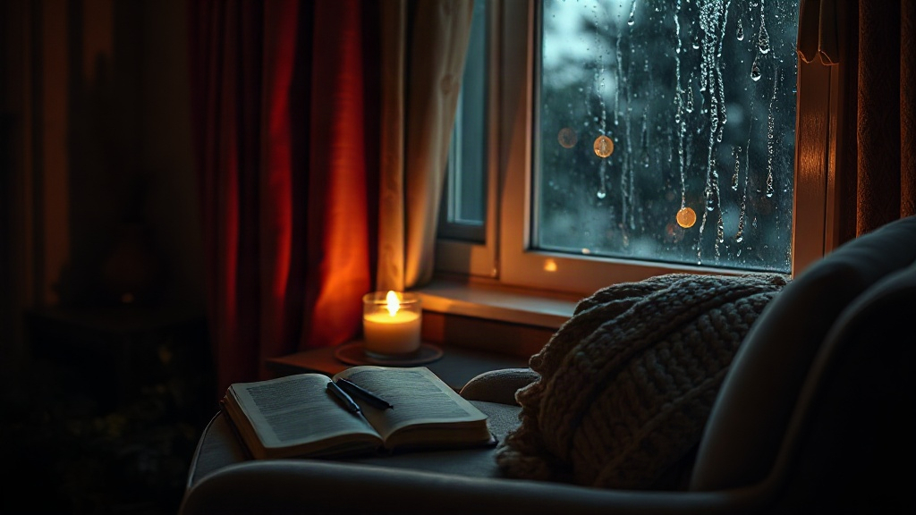 A cozy candlelit journaling nook by a rainy window, the letting-go prompts answered in the evening