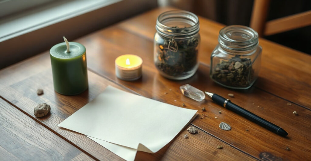 A beginner manifestation magic setup with a candle, written intention, spell jar and clear quartz