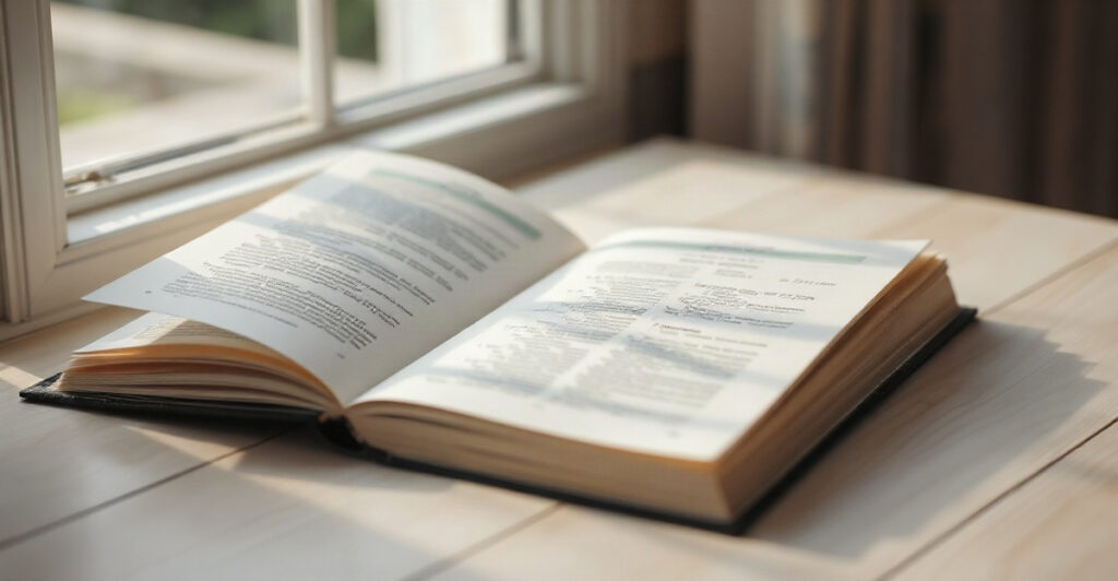 An open book in soft light on a table, illustrating the meaning of manifestation