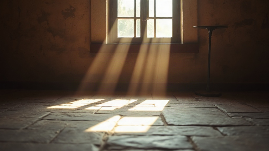 The Origin Of The Word Sunlight through an old window on a stone floor, evoking the Latin origin of the word manifestation
