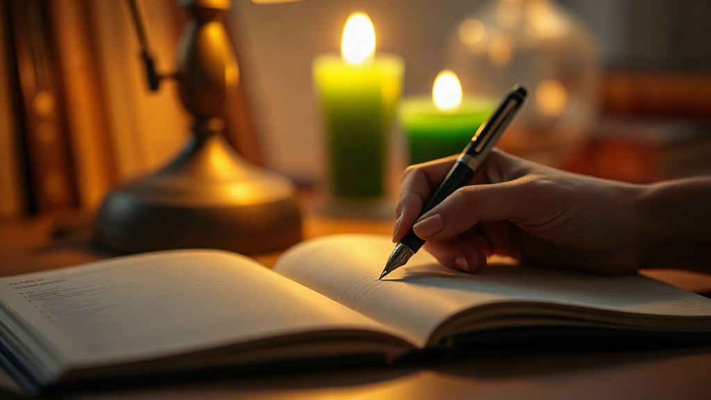 Hand writing a present-tense monthly intention in a manifestation journal