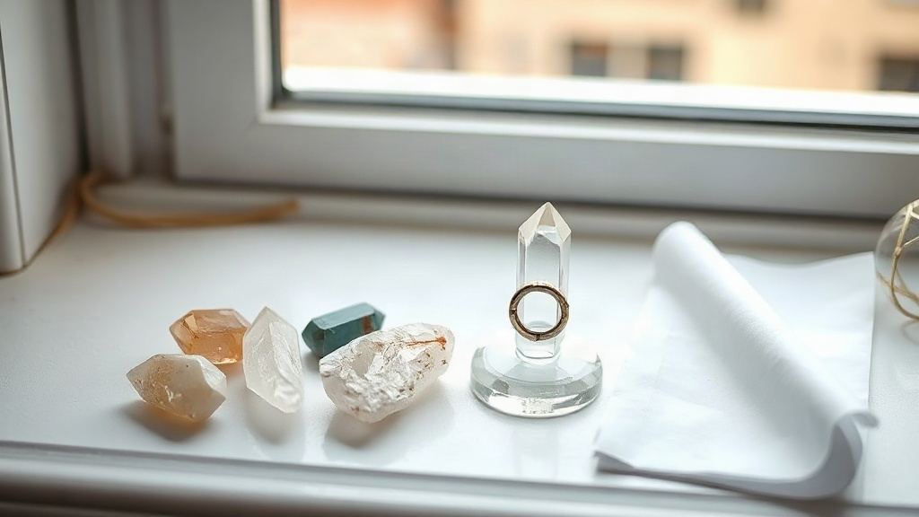 Crystals arranged on a windowsill for a monthly cleansing and manifestation reset