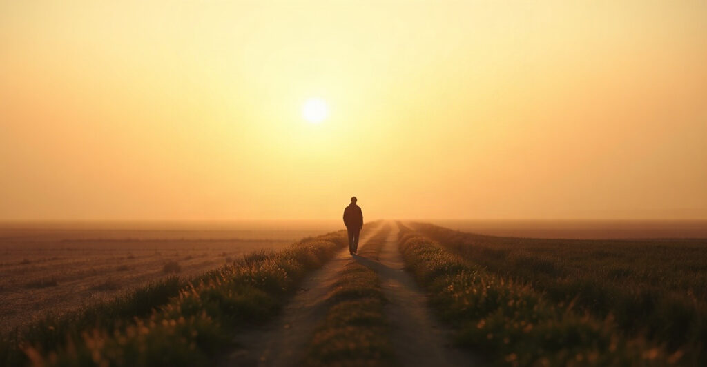 A person walking a quiet path toward a wide sunrise, an image of manifesting a new direction in life