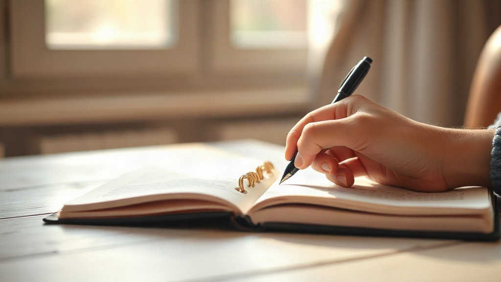 A hand writing in a notebook by a sunlit window, part of a daily manifesting practice