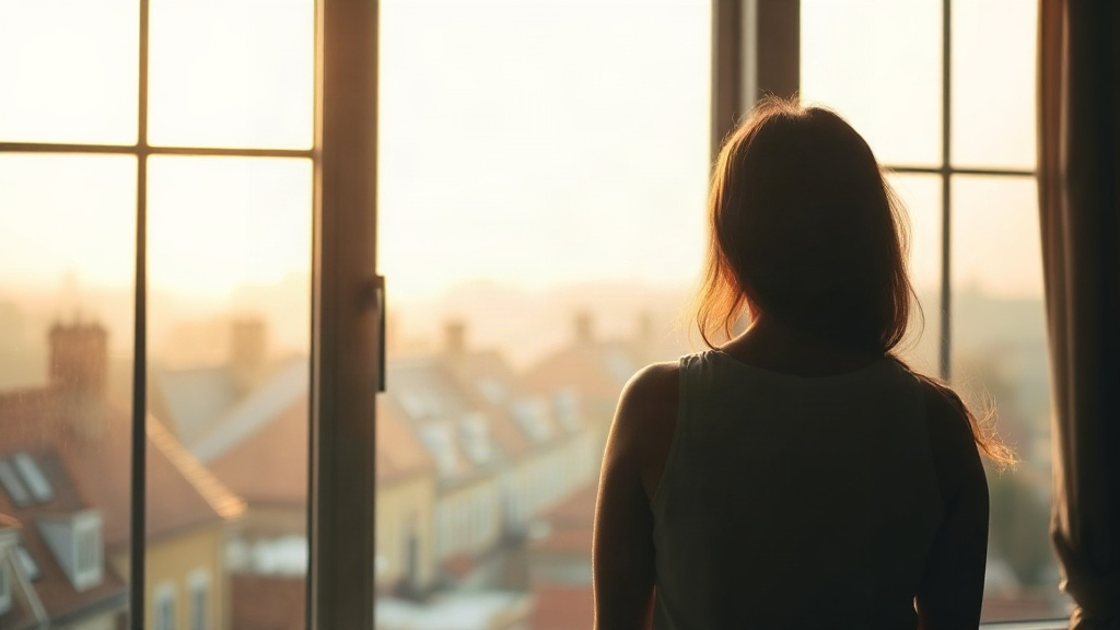 A woman at a window looking out at morning light while practicing manifesting