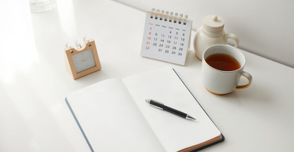 A calm organized desk with a notebook and calendar, set up as a manifesting lab for tracking a practice