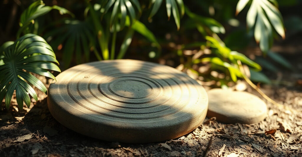 A weathered circular carved stone among jungle foliage, evoking the Mayan astrology calendar