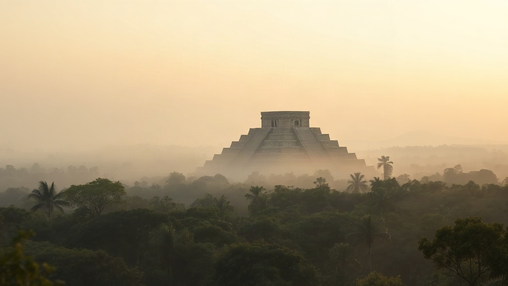 Mayan Astrology Vs Other Systems A stone step pyramid in morning mist, backdrop for how Mayan astrology differs from other systems