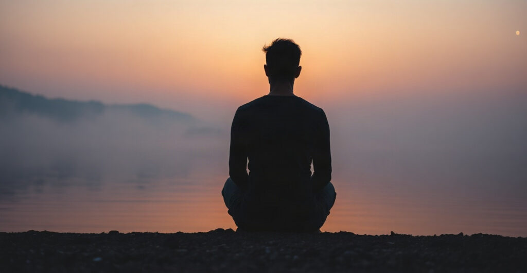 Person meditating on a misty lakeshore at dawn, exploring the link between meditation and psychic abilities