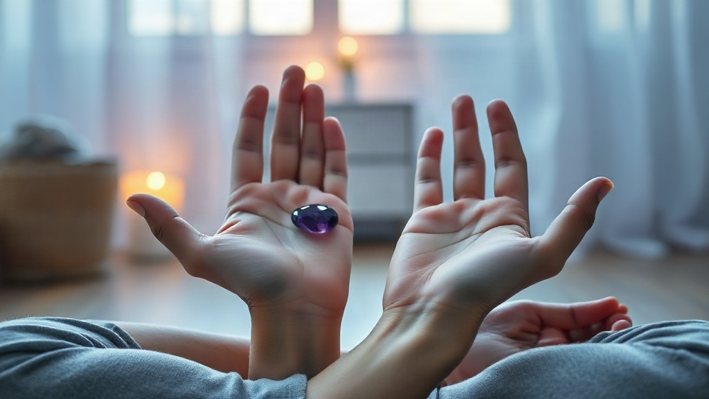 Open hands resting on the knees during a third eye meditation for intuition, one holding an amethyst crystal