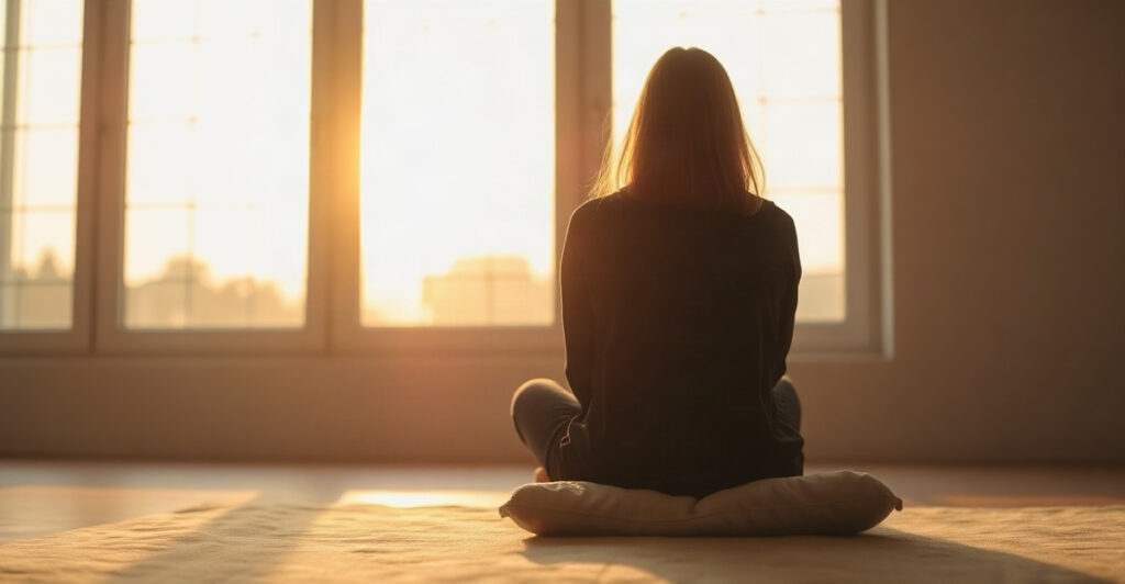A person meditating by a sunrise window, a calm setting for meditation for manifestation