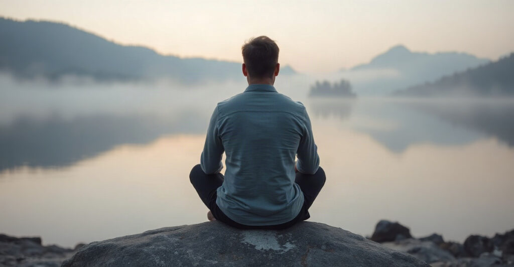 Person seen from behind sitting cross-legged by a misty lake at dawn in meditation for spirit