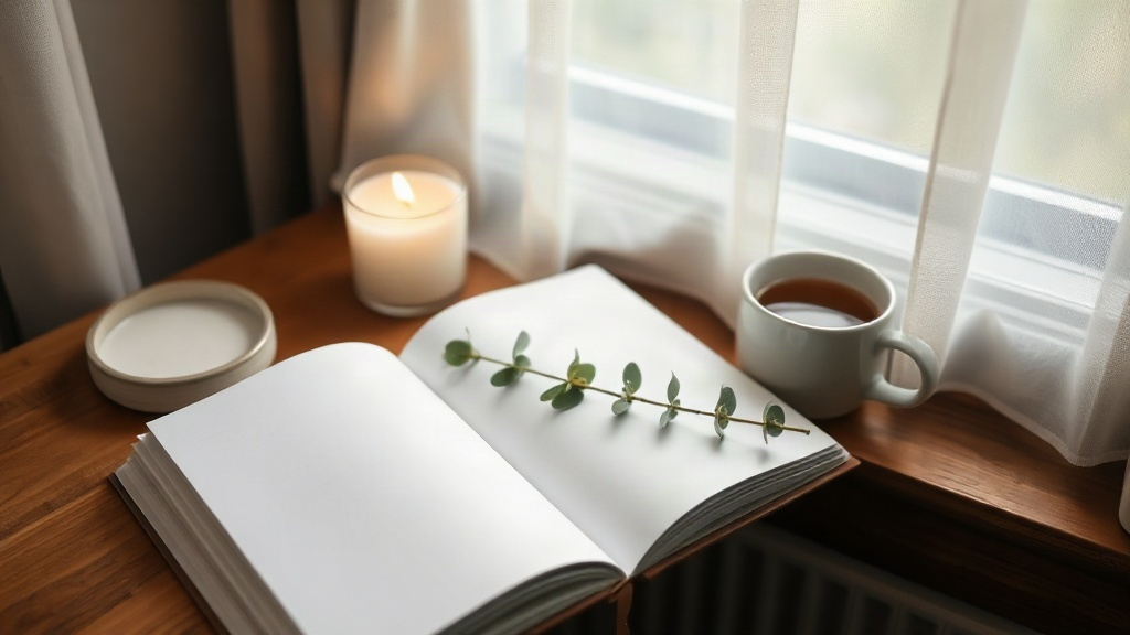 Open journal, lit candle, and tea on a sunlit windowsill for meditation with affirmations