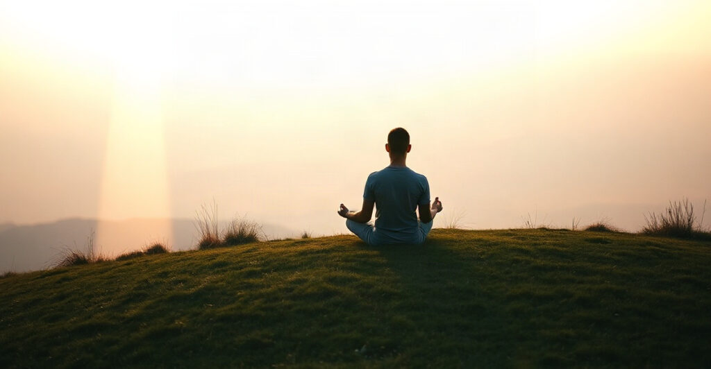Person meditating on a misty hilltop at dawn beside a soft glow of light, practicing a spirit guide meditation