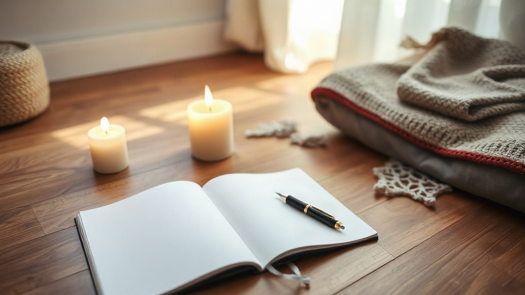 Meditation cushion, lit candle, and open notebook set up for a spirit guides meditation in morning light