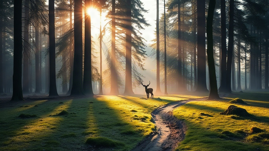 Sunlit forest clearing with a calm deer in the distance, an inner sanctuary scene from a spirit guide meditation script